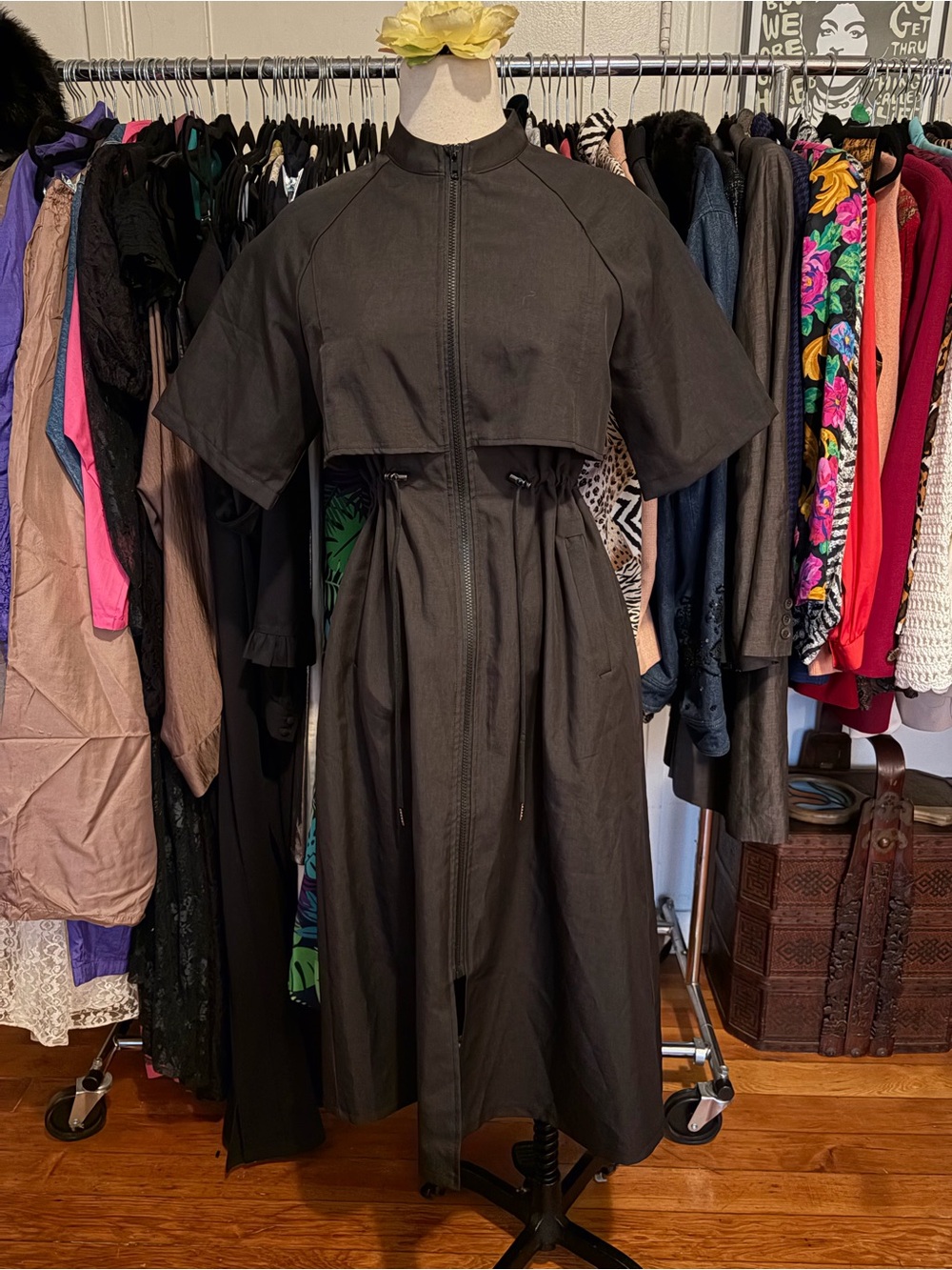 Black Utility Zip-Front Midi Dress - Drawstring Waist Short Sleeve Size S
